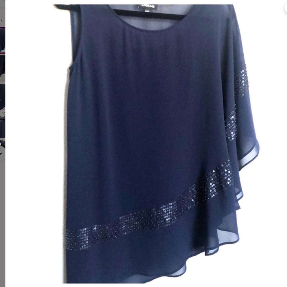 Bebe Navy Chiffon Embellished One Shoulder Hi Lo Tunic sz sm